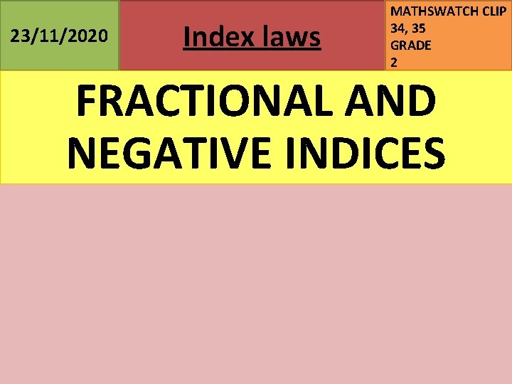 23/11/2020 Index laws MATHSWATCH CLIP 34, 35 GRADE 2 FRACTIONAL AND NEGATIVE INDICES 