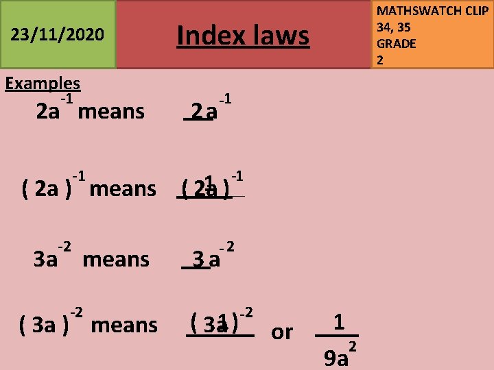 23/11/2020 Index laws Examples -1 2 a means MATHSWATCH CLIP 34, 35 GRADE 2