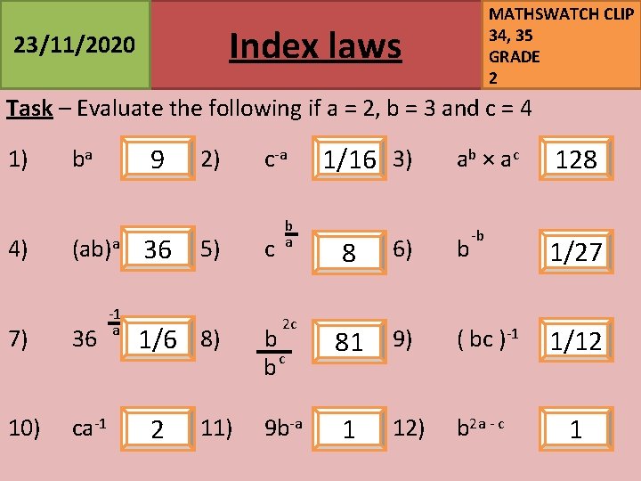 MATHSWATCH CLIP 34, 35 GRADE 2 Index laws 23/11/2020 Task – Evaluate the following