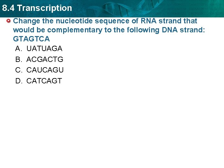 8. 4 Transcription Change the nucleotide sequence of RNA strand that would be complementary