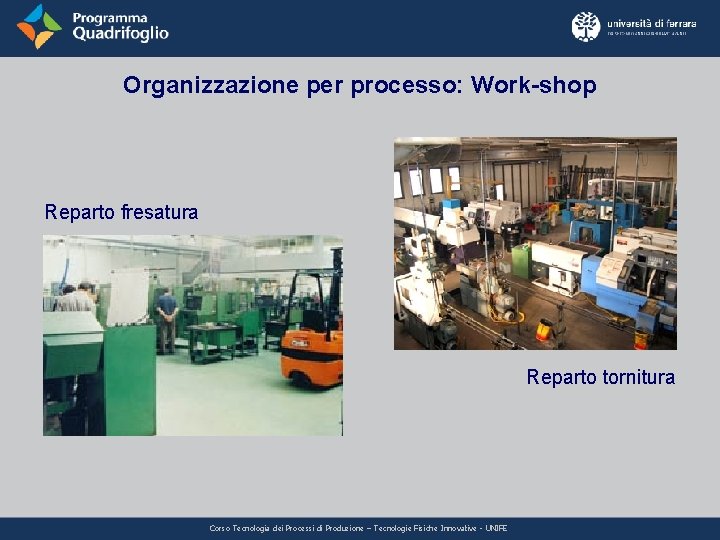 Organizzazione per processo: Work-shop Reparto fresatura Reparto tornitura Corso Tecnologia dei Processi di Produzione