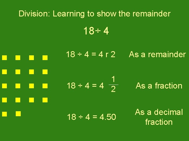 Division: Learning to show the remainder 18÷ 4 18 ÷ 4 = 4 r