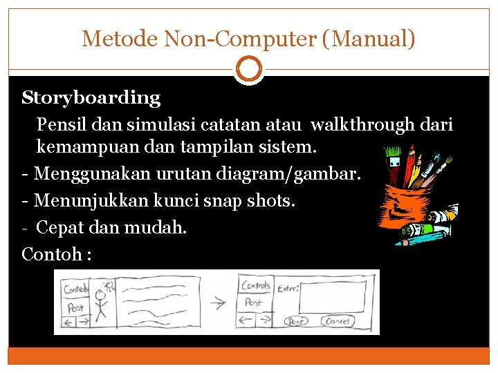 Metode Non-Computer (Manual) Storyboarding Pensil dan simulasi catatan atau walkthrough dari kemampuan dan tampilan