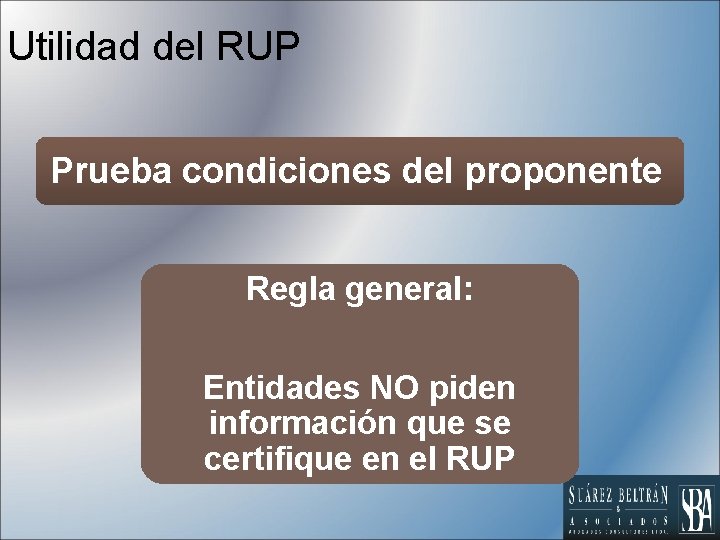 Utilidad del RUP Prueba condiciones del proponente Regla general: Entidades NO piden información que