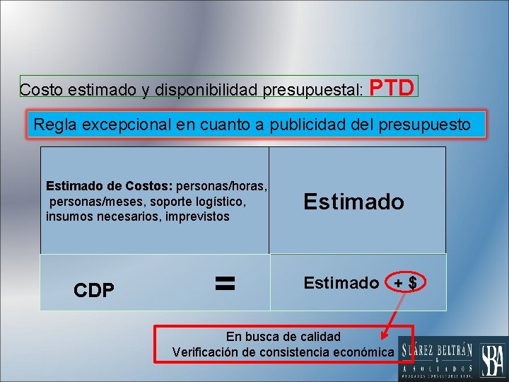 Costo estimado y disponibilidad presupuestal: PTD Regla excepcional en cuanto a publicidad del presupuesto