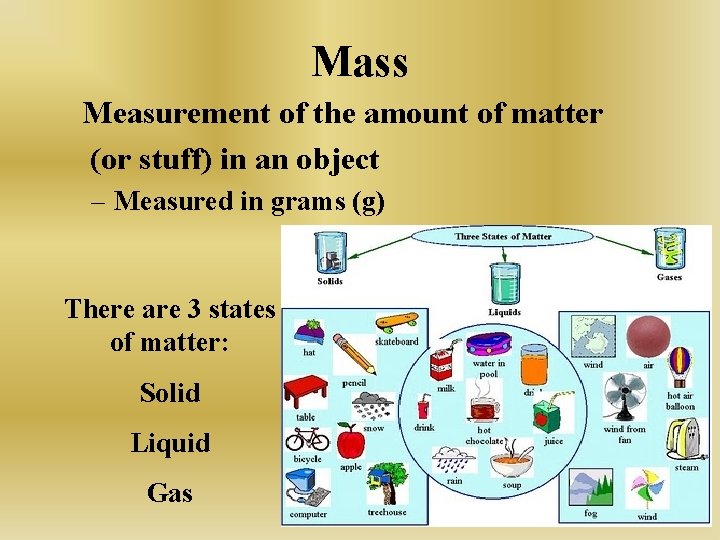 Mass Measurement of the amount of matter (or stuff) in an object – Measured