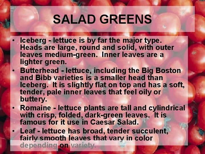 SALAD GREENS • Iceberg - lettuce is by far the major type. Heads are