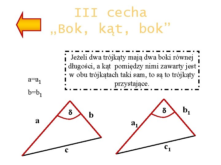 III cecha „Bok, kąt, bok” a=a 1 Jeżeli dwa trójkąty mają dwa boki równej