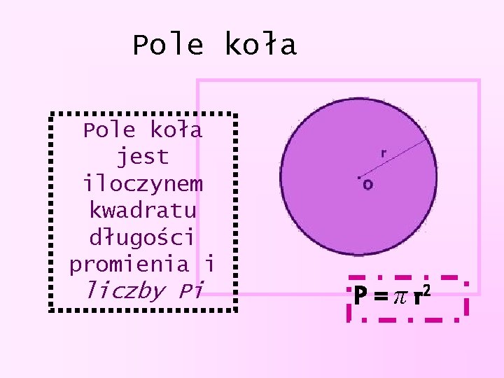 Pole koła jest iloczynem kwadratu długości promienia i liczby Pi P = π r