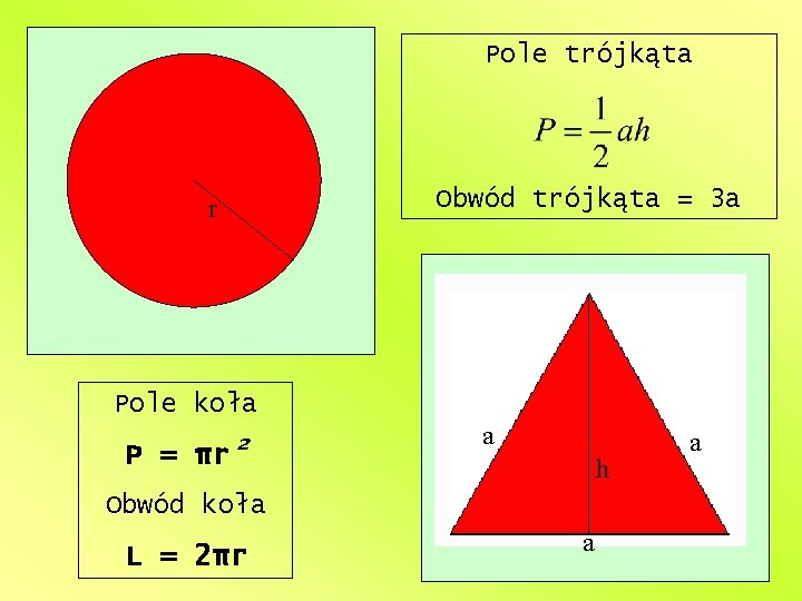 Pole trójkąta r Obwód trójkąta = 3 a Pole koła P = πr² a