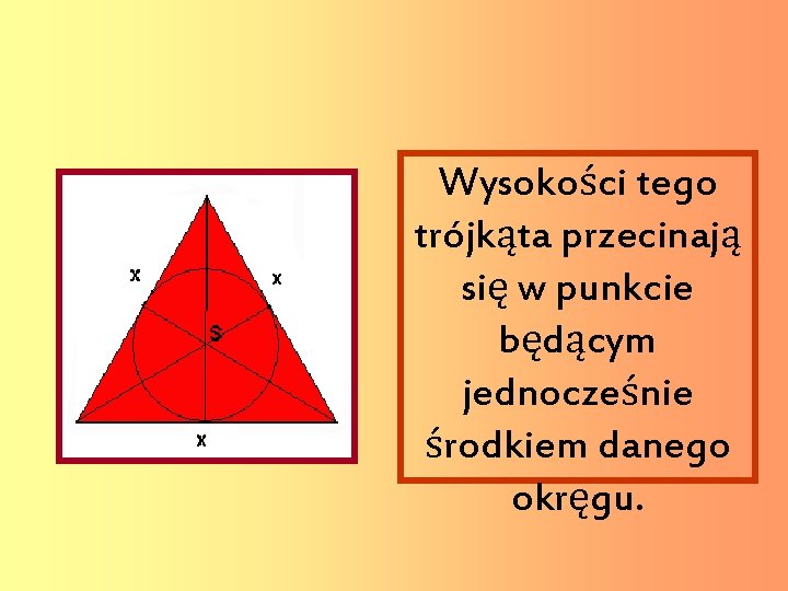 Wysokości tego trójkąta przecinają się w punkcie będącym jednocześnie środkiem danego okręgu. 