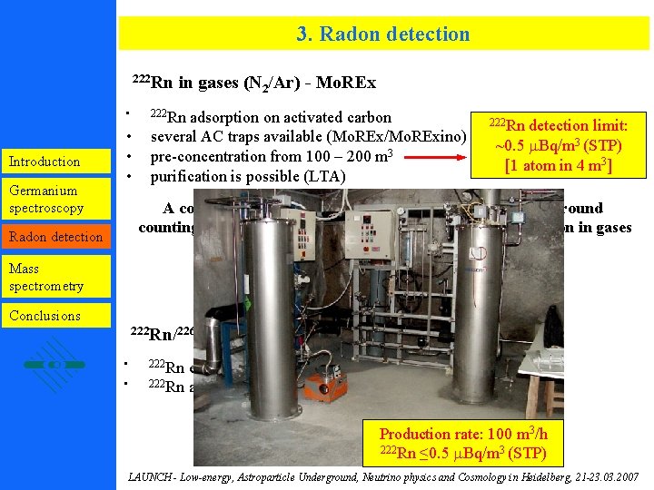 3. Radon detection 222 Rn • Introduction Germanium spectroscopy in gases (N 2/Ar) -