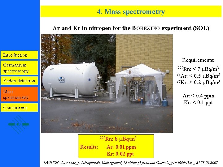 4. Mass spectrometry Ar and Kr in nitrogen for the BOREXINO experiment (SOL) Introduction