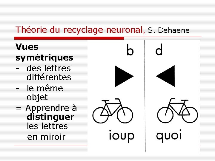 Théorie du recyclage neuronal, S. Dehaene Vues symétriques - des lettres différentes - le