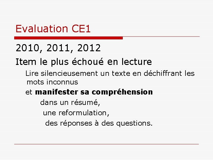 Evaluation CE 1 2010, 2011, 2012 Item le plus échoué en lecture Lire silencieusement