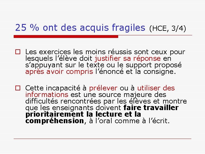 25 % ont des acquis fragiles (HCE, 3/4) Les exercices les moins réussis sont