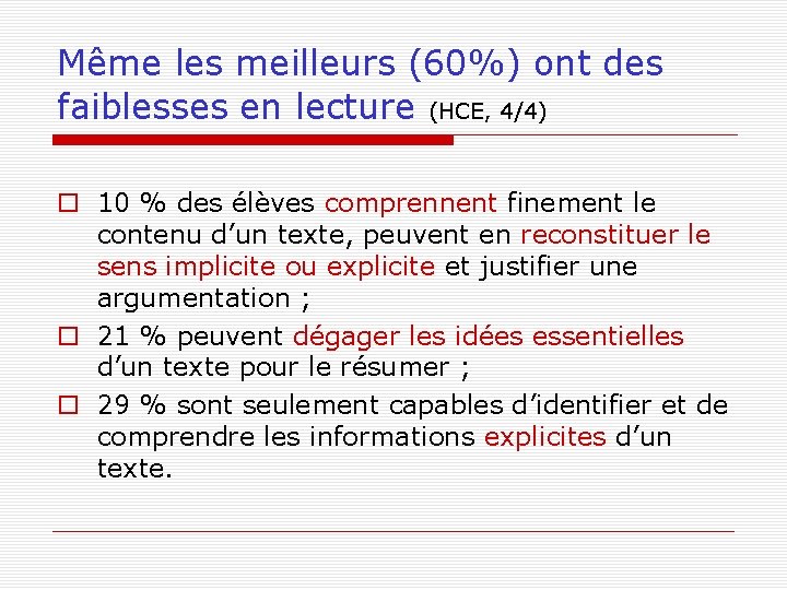 Même les meilleurs (60%) ont des faiblesses en lecture (HCE, 4/4) 10 % des