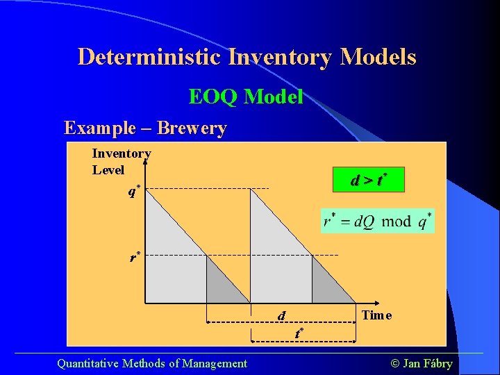 Deterministic Inventory Models EOQ Model Example – Brewery Inventory Level q* d > t*