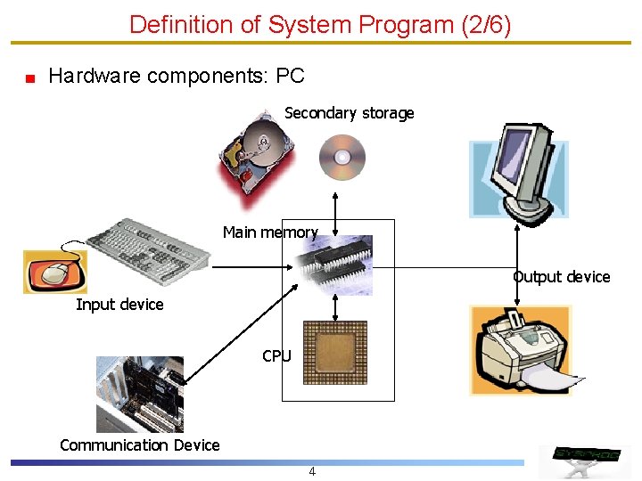 Definition of System Program (2/6) Hardware components: PC Secondary storage Main memory Output device