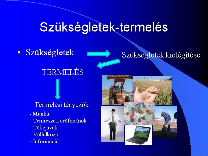 Szükségletek-termelés • Szükségletek TERMELÉS Termelési tényezők - Munka - Természeti erőforrások - Tőkejavak -