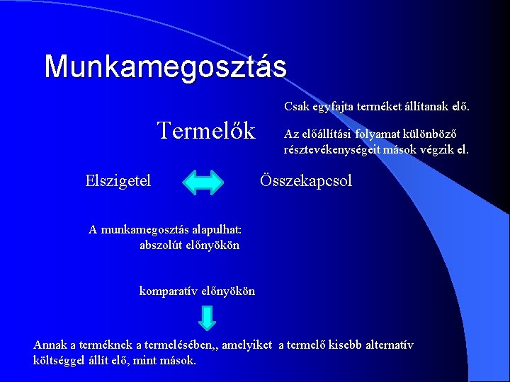 Munkamegosztás Csak egyfajta terméket állítanak elő. Termelők Elszigetel Az előállítási folyamat különböző résztevékenységeit mások