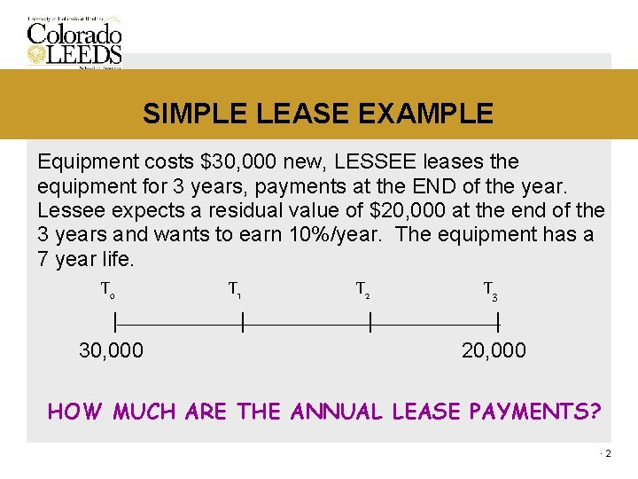 SIMPLE LEASE EXAMPLE Equipment costs $30, 000 new, LESSEE leases the equipment for 3