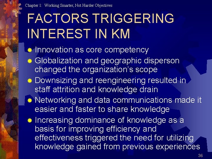 Chapter 1: Working Smarter, Not Harder Objectives FACTORS TRIGGERING INTEREST IN KM ® Innovation