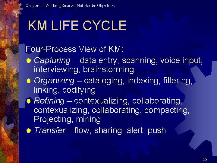 Chapter 1: Working Smarter, Not Harder Objectives KM LIFE CYCLE Four-Process View of KM: