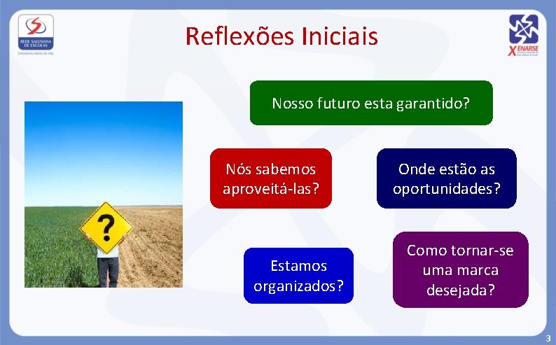 Reflexões Iniciais Nosso futuro esta garantido? Nós sabemos aproveitá-las? Estamos organizados? Onde estão as