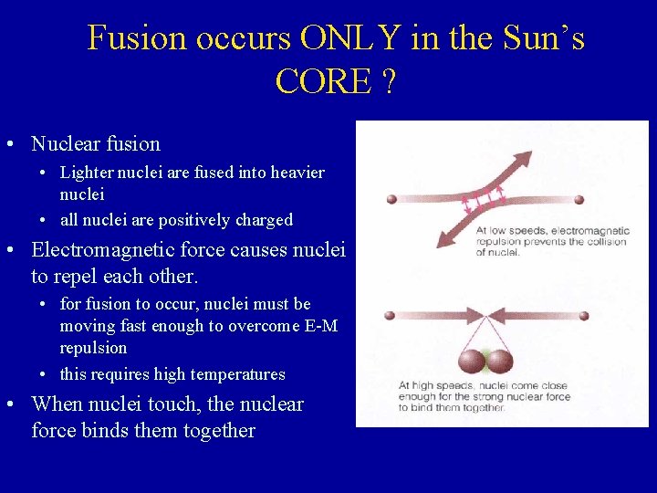 Fusion occurs ONLY in the Sun’s CORE ? • Nuclear fusion • Lighter nuclei