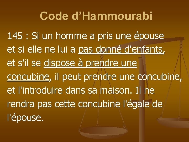 Code d’Hammourabi 145 : Si un homme a pris une épouse et si elle