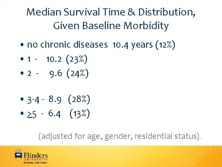 Median Survival Time & Distribution, Given Baseline Morbidity • no chronic diseases 10. 4