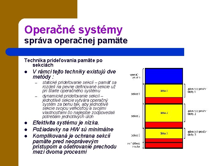 Operačné systémy správa operačnej pamäte Technika prideľovania pamäte po sekciách l V rámci tejto