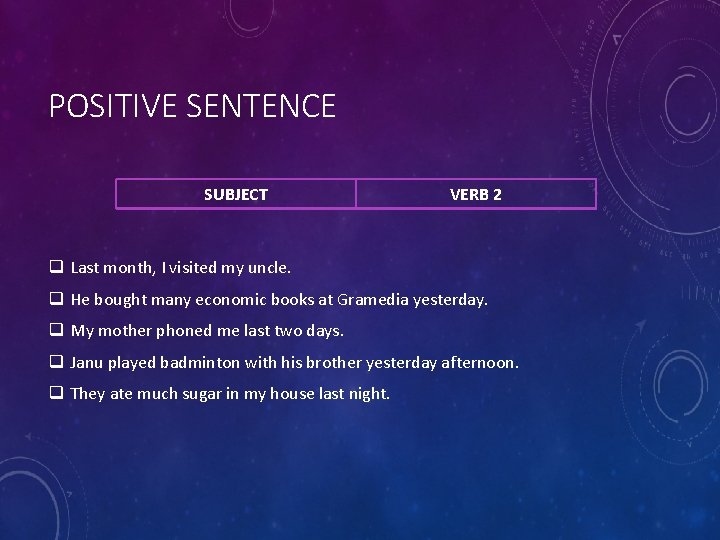 POSITIVE SENTENCE SUBJECT VERB 2 q Last month, I visited my uncle. q He POSITIVE SENTENCE SUBJECT VERB 2 q Last month, I visited my uncle. q He