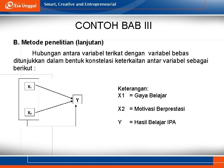 CONTOH BAB III B. Metode penelitian (lanjutan) Hubungan antara variabel terikat dengan variabel bebas