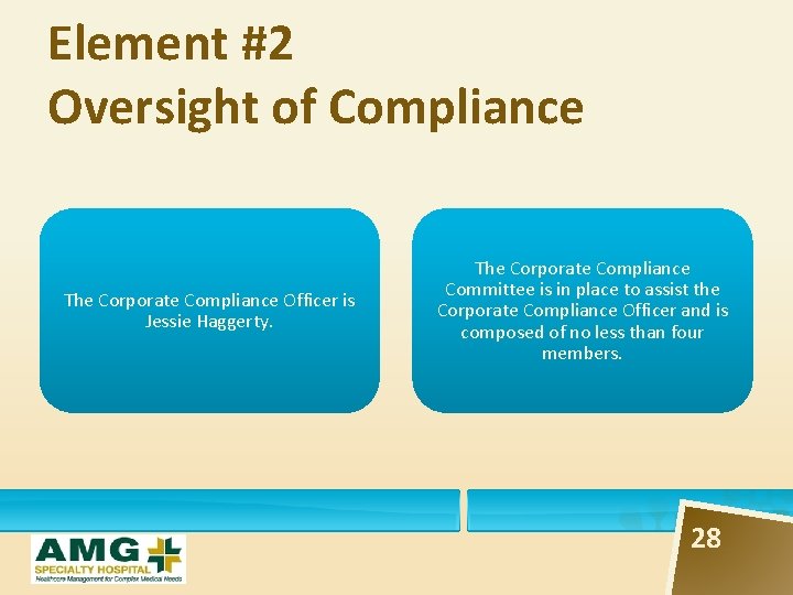 Element #2 Oversight of Compliance The Corporate Compliance Officer is Jessie Haggerty. The Corporate