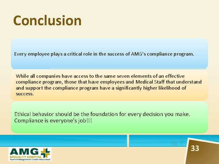 Conclusion Every employee plays a critical role in the success of AMG’s compliance program.