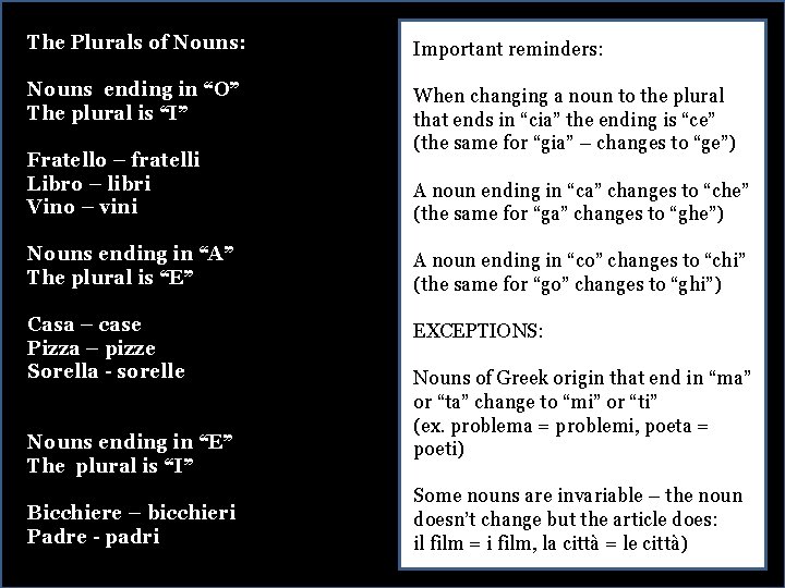 The Plurals of Nouns: Important reminders: Nouns ending in “O” The plural is “I”