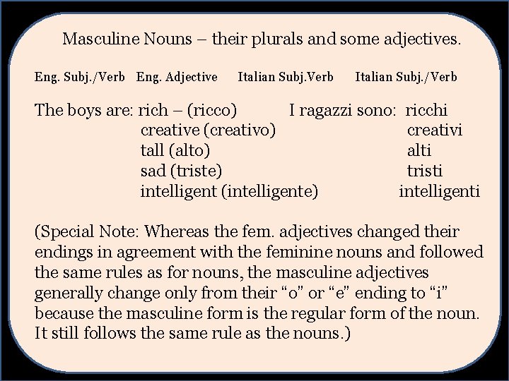 Masculine Nouns – their plurals and some adjectives. Eng. Subj. /Verb Eng. Adjective Italian