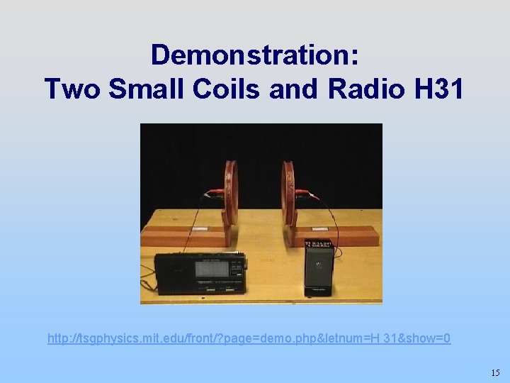 Demonstration: Two Small Coils and Radio H 31 http: //tsgphysics. mit. edu/front/? page=demo. php&letnum=H