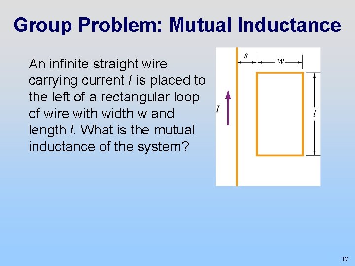 Group Problem: Mutual Inductance An infinite straight wire carrying current I is placed to