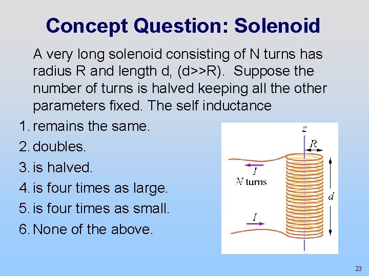 Concept Question: Solenoid A very long solenoid consisting of N turns has radius R