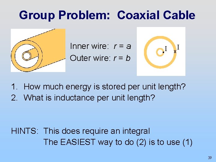 Group Problem: Coaxial Cable Inner wire: r = a Outer wire: r = b