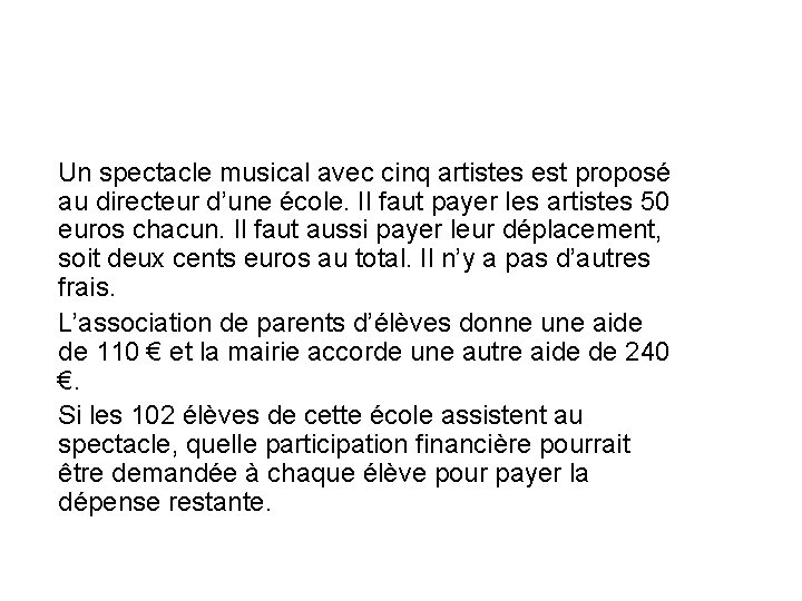  Un spectacle musical avec cinq artistes est proposé au directeur d’une école. Il