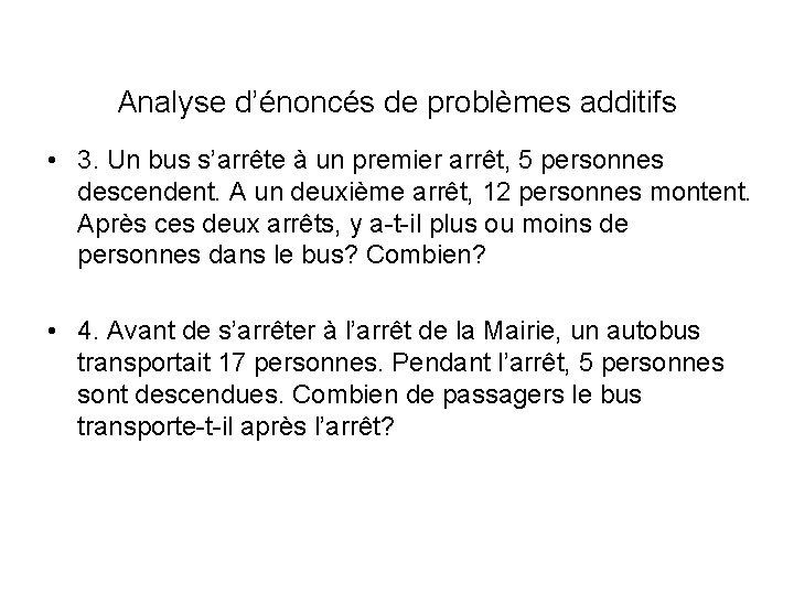 Analyse d’énoncés de problèmes additifs • 3. Un bus s’arrête à un premier arrêt,