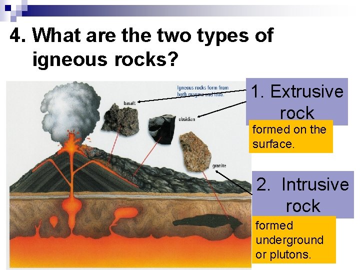 4. What are the two types of igneous rocks? 1. Extrusive rock formed on