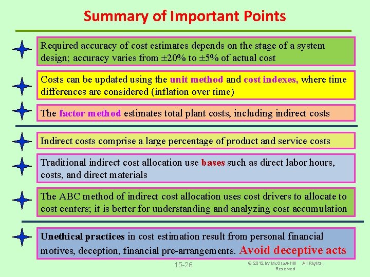 Summary of Important Points Required accuracy of cost estimates depends on the stage of