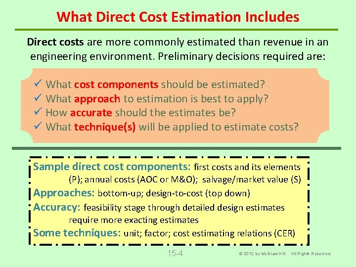 What Direct Cost Estimation Includes Direct costs are more commonly estimated than revenue in