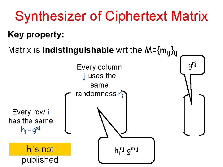 Synthesizer of Ciphertext Matrix Key property: Matrix is indistinguishable wrt the M={mij}ij Every column