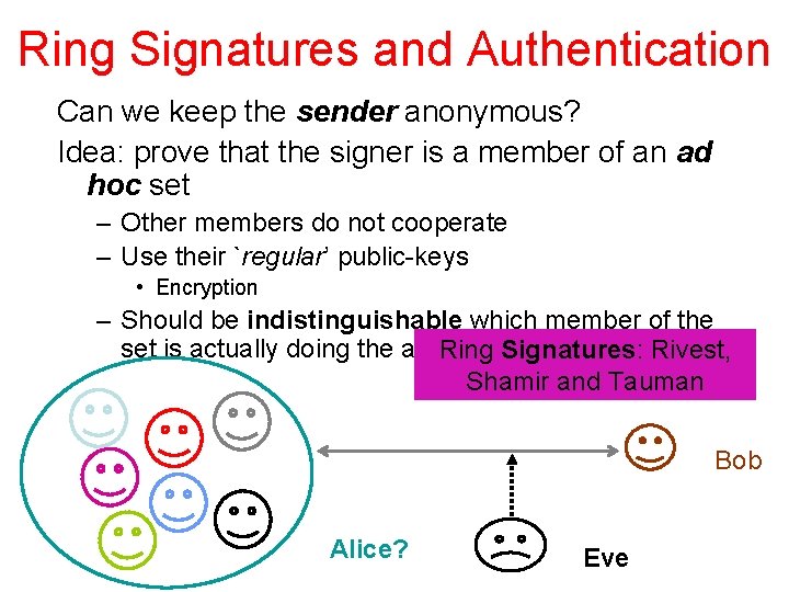 Ring Signatures and Authentication Can we keep the sender anonymous? Idea: prove that the